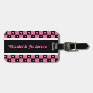 Modern Pink and Black Checkered Hearts With Name Luggage Tag