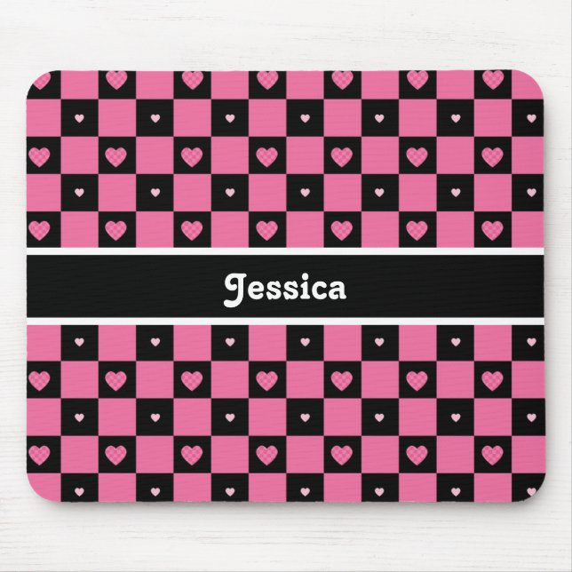 Modern Pink and Black Checkered Hearts With Name Mouse Pad (Front)