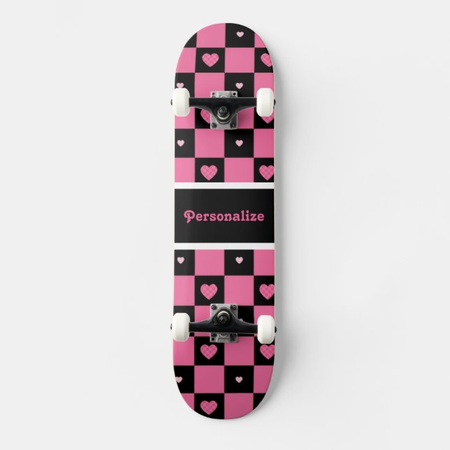 Modern Pink and Black Checkered Hearts With Name Skateboard Deck (Front)
