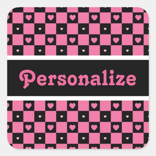 Modern Pink and Black Checkered Hearts With Name Square Sticker (Front)