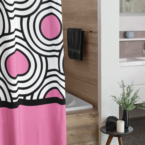Modern Pink and Black Circle Pattern Dorm Room Shower Curtain