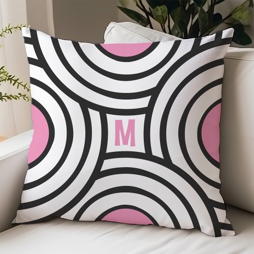 Modern Pink and Black Circles Monogram Dorm Room Throw Pillow