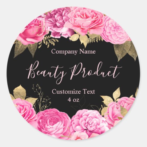 Modern Pink and Black Floral Beauty Cosmetic Spa Classic Round Sticker