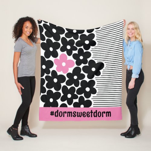 Modern Pink and Black Floral Dorm Room Fleece Blanket