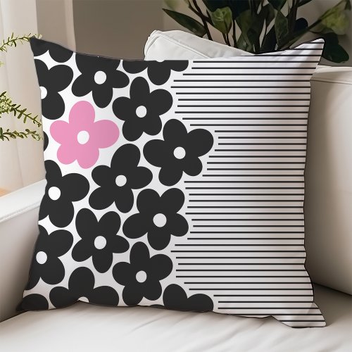 Modern Pink and Black Floral Dorm Room Throw Pillow