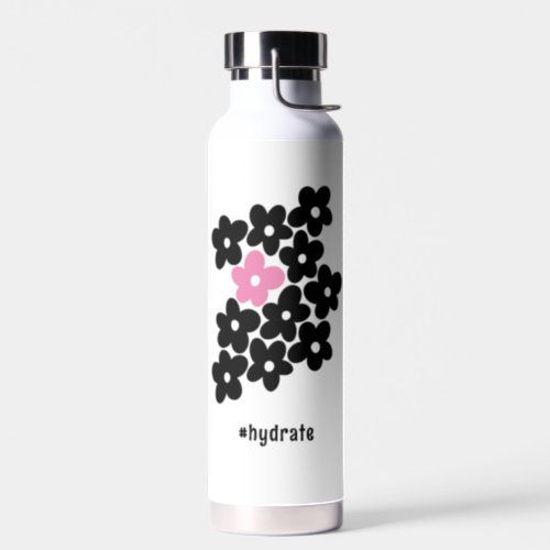 Modern Pink and Black Floral Hashtag Water Bottle