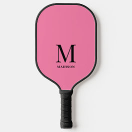 Modern Pink And Black Minimalist Monogram Name Pickleball Paddle