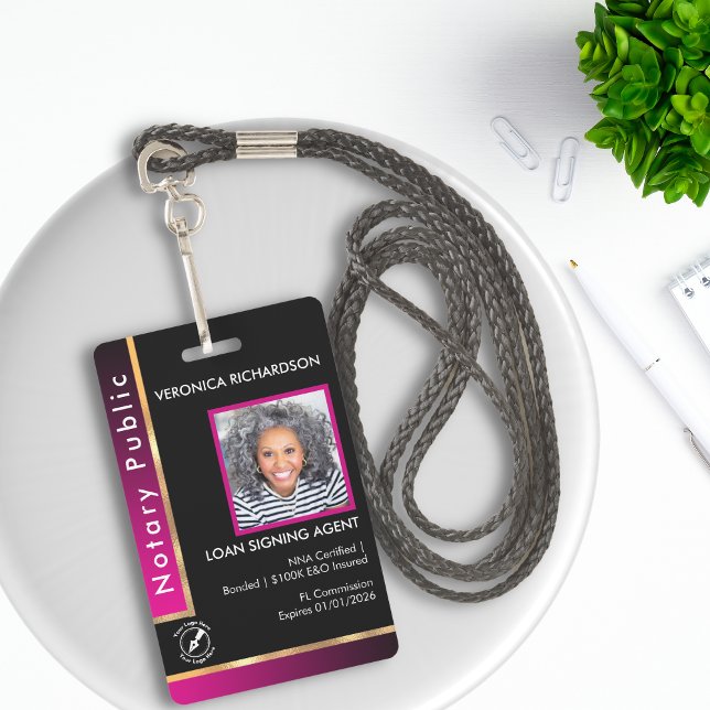 Modern pink and black Notary QR Code Photo I.D. Badge (Creator Uploaded)