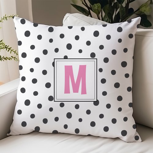 Modern Pink and Black Polka Dot Monogram Dorm Room Throw Pillow