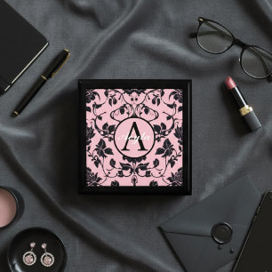 Modern Pink and Black Rose Damask Monogram Gift Box