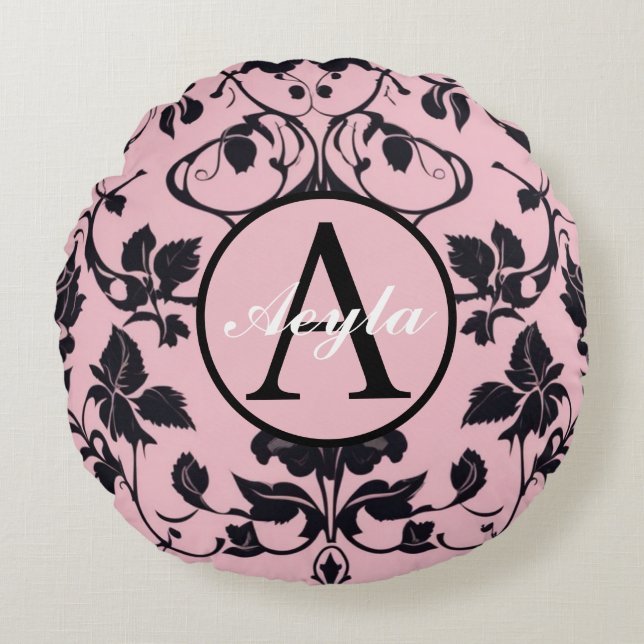 Modern Pink and Black Rose Damask Monogram Round Pillow (Front)