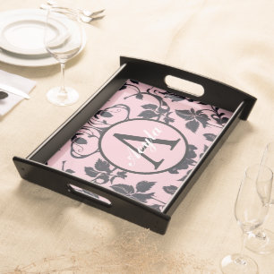 Modern Pink and Black Rose Damask Monogram Serving Tray