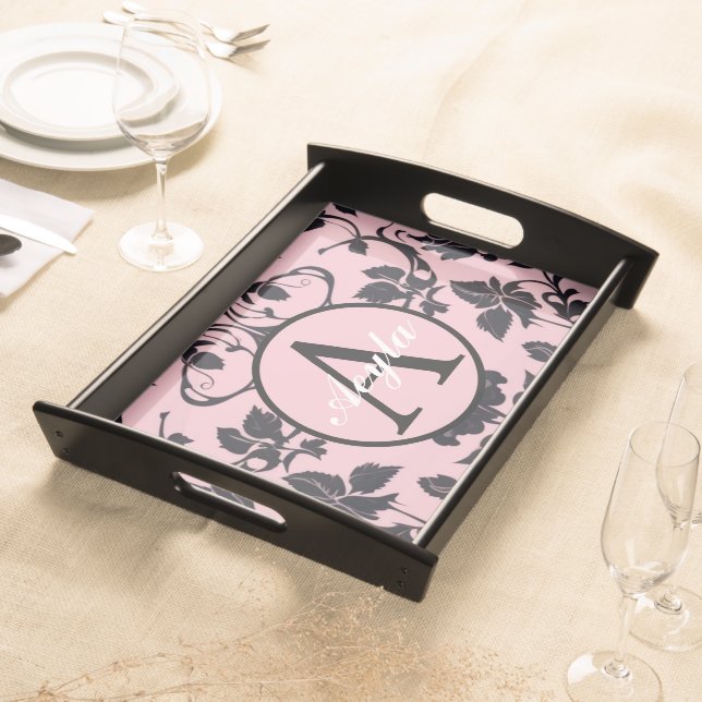 Modern Pink and Black Rose Damask Monogram Serving Tray (Front)