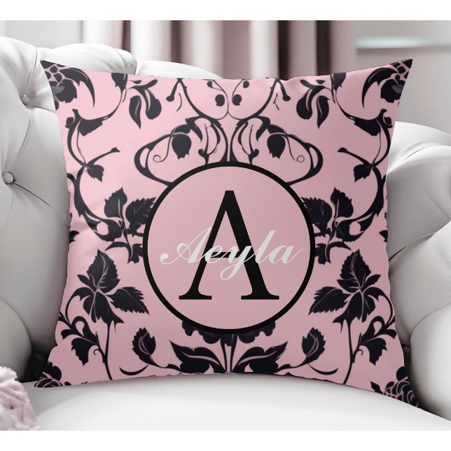Modern Pink and Black Rose Damask Monogram Throw Pillow (Creator Uploaded)