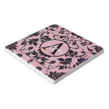 Modern Pink and Black Rose Damask Monogram