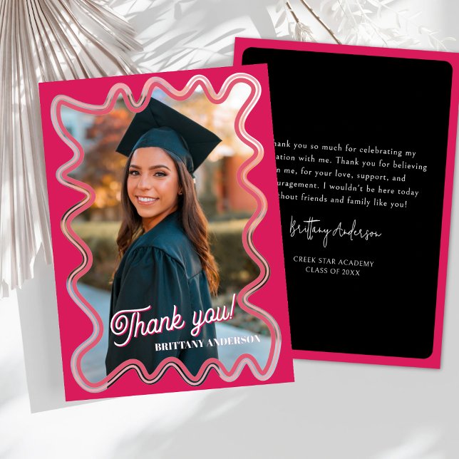 Modern Pink and Black Squiggly Graduation Thank You Card (Creator Uploaded)