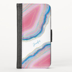 Modern Pink and Blue Agate Pattern with Any Name iPhone XS Wallet Case