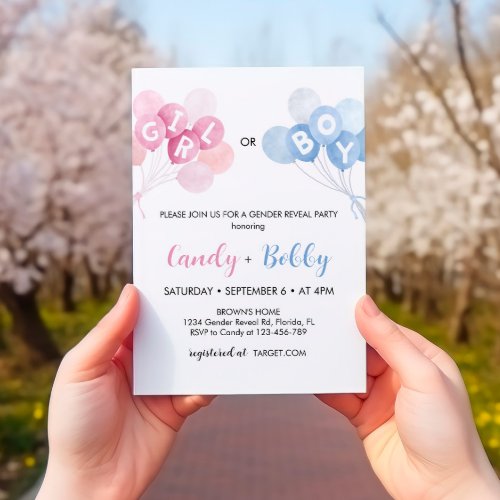 Modern Pink and Blue Balloons Gender Reveal Invitation