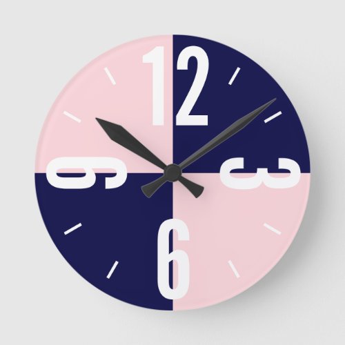 Modern pink and blue color blocks large numbers round clock