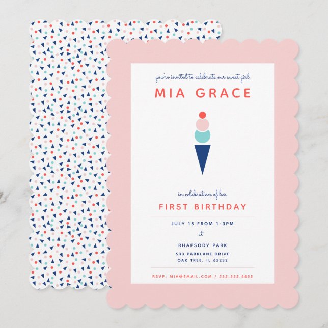 Modern Pink and Blue Ice Cream Cone Invitation (Front/Back)