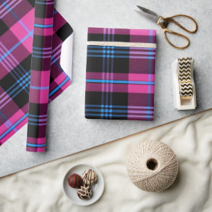 Modern Pink And Blue Plaid Wrapping Paper