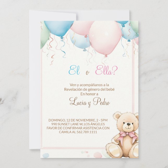 Modern Pink and Blue Spanish Gender Reveal Invitation (Front)