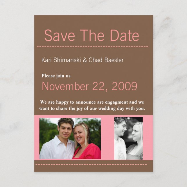 Modern pink and Brown save the date Announcement Postcard (Front)