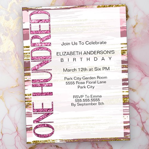 Modern Pink and Gold Brush Stroke 100th Birthday Invitation