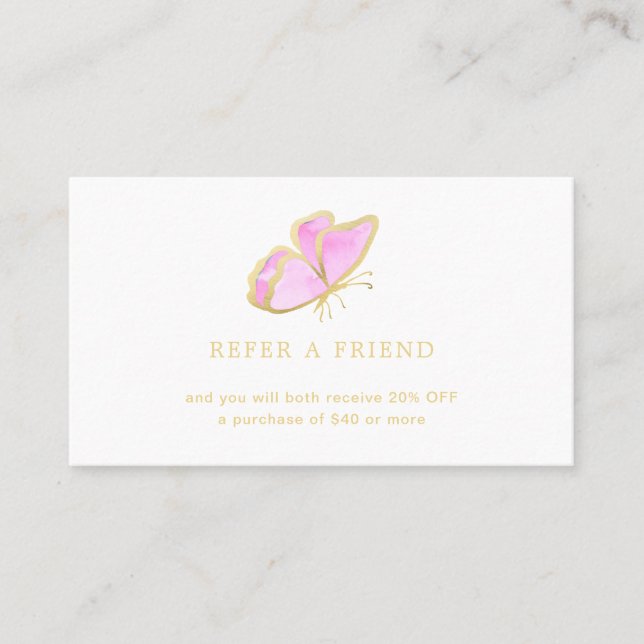 Modern Pink and Gold Butterfly Elegant Referral Card (Front)