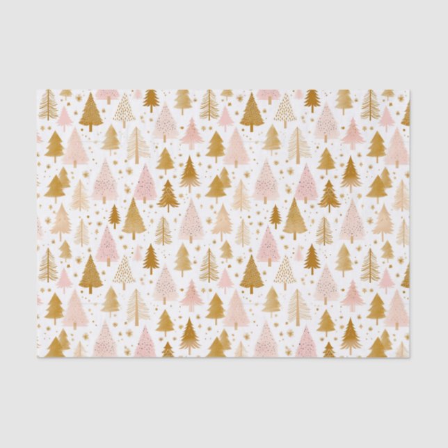 Modern Pink and Gold Christmas Tree Pattern Tissue Paper (Front)