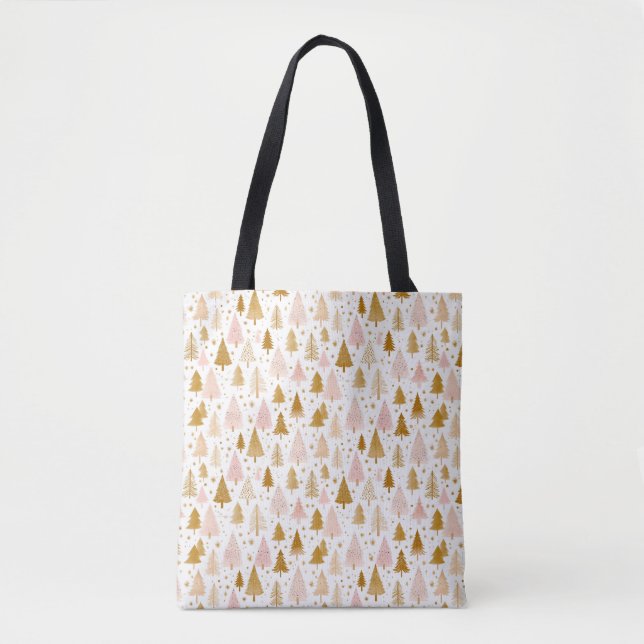 Modern Pink and Gold Christmas Tree Pattern Tote Bag (Front)