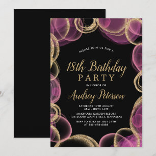 Modern Pink and Gold Circle Black 18th Birthday Invitation