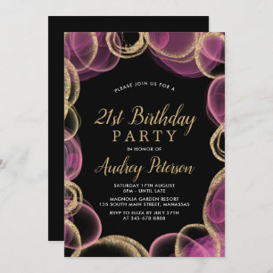 Modern Pink and Gold Circle Black 21st Birthday Invitation
