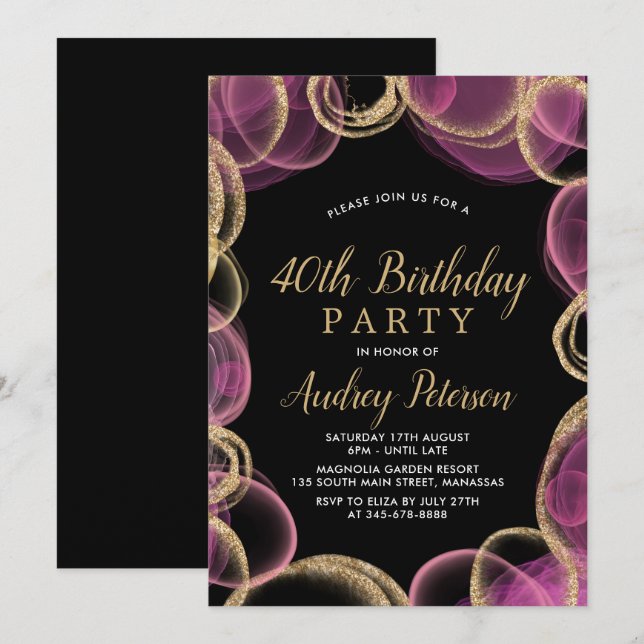 Modern Pink and Gold Circle Black 40th Birthday Invitation (Front/Back)