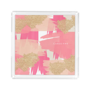Modern Pink and Gold Glitter Abstract Pattern Acrylic Tray