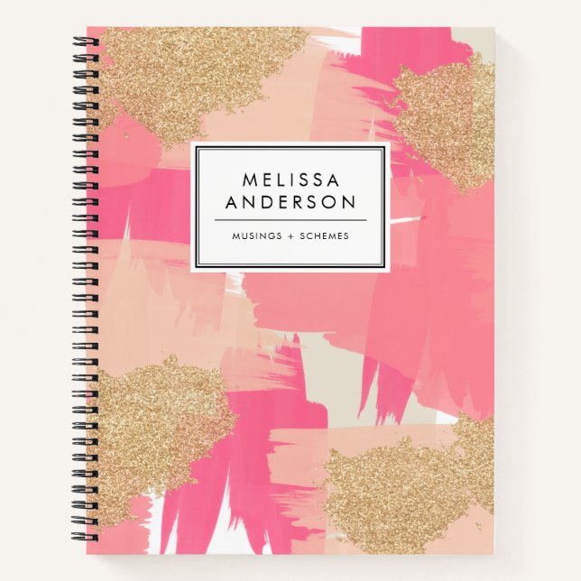 Modern Pink and Gold Glitter Abstract Pattern Notebook (Front)