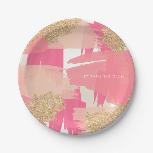 Modern Pink and Gold Glitter Abstract Pattern Paper Plates (Front)