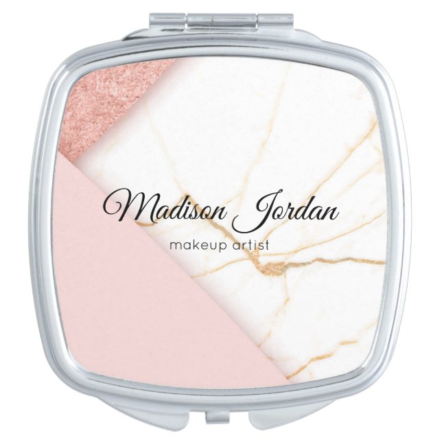 Modern Pink and Gold Glitter Marble Custom Compact Mirror (Front)