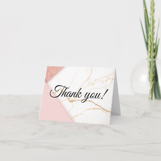 Modern Pink and Gold Glitter Marble Thank You Card (Front)