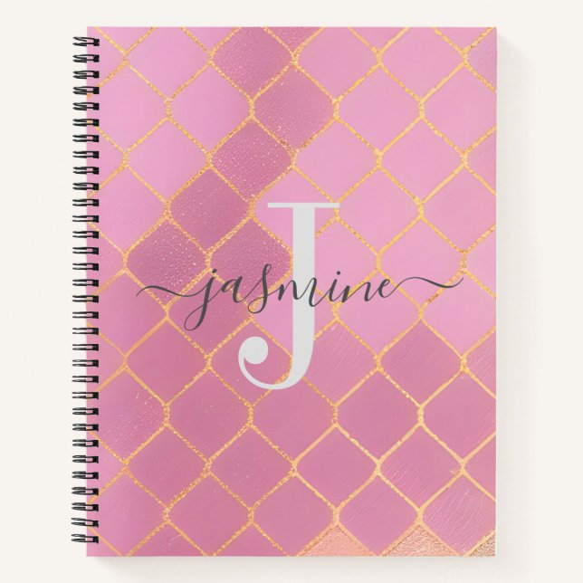 Modern Pink and Gold Glitter Monogram Notebook (Front)