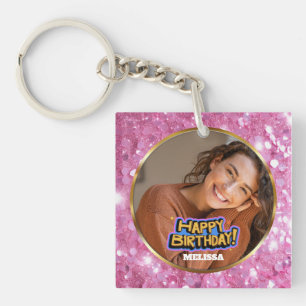 Modern Pink and Gold Glitter Photo Name Birthday Keychain