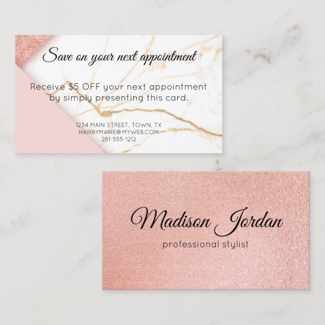 Modern Pink and Gold Marble Discount Card (Front/Back)