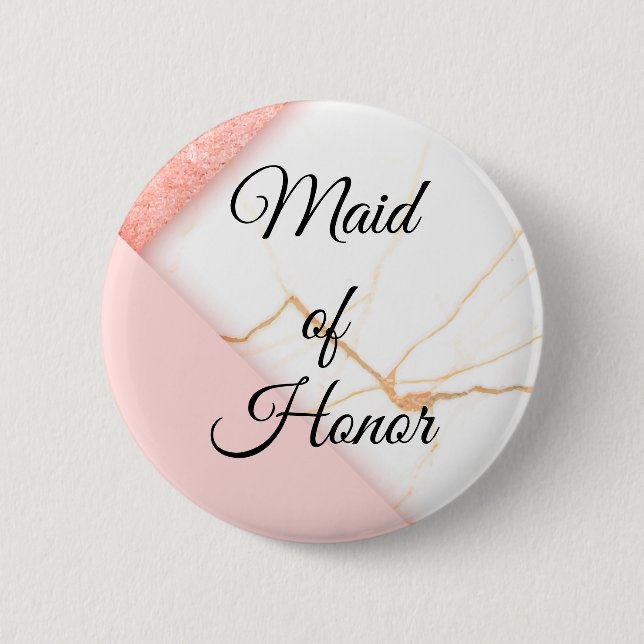 Modern Pink and Gold Marble Made of Honor Button (Front)