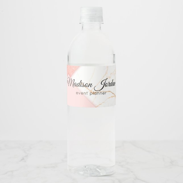Modern Pink and Gold Marble Water Bottle Label (Front)