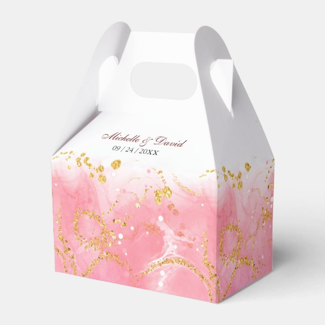 Modern Pink and Gold Marble Wedding Favor Boxes (Front Side)