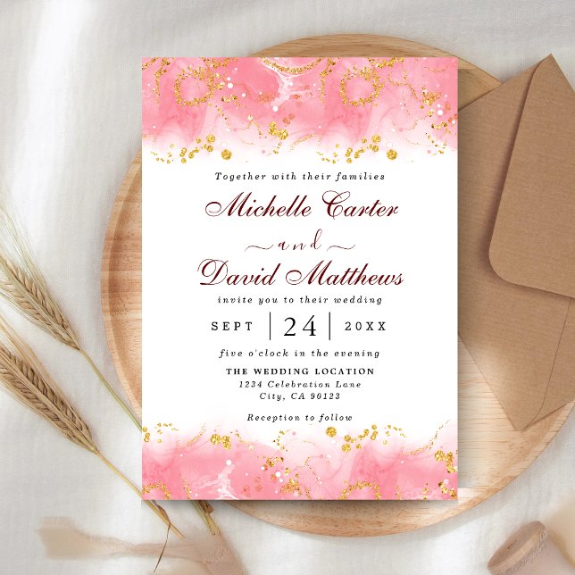 Modern Pink and Gold Marble Wedding Invitation (Creator Uploaded)