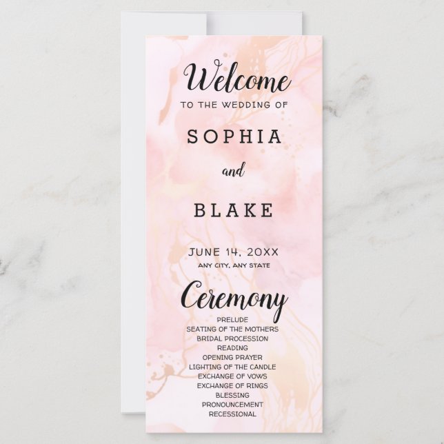 Modern Pink and Gold Marble Wedding Program (Front)
