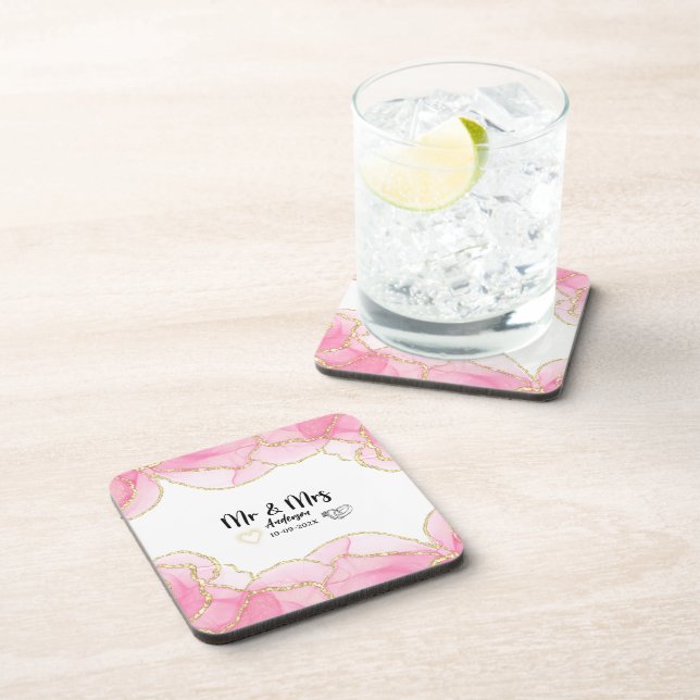 Modern Pink and Gold Mr and Mrs Beverage Coaster (Right Side)