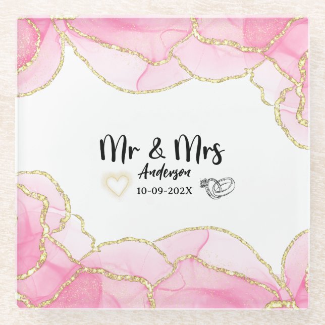 Modern Pink and Gold Mr and Mrs Glass Coaster (Front)