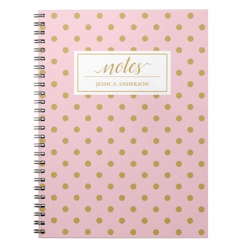 Modern Pink And Gold Polka Dots Pattern Name Notebook
